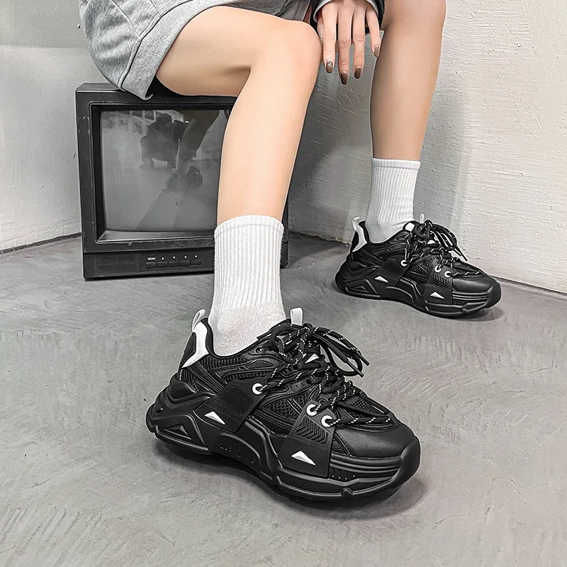 Platform Sneakers Women Patchwork Mesh Breathable Round Toe Mixed Color Lace-Up Soft Chunky Sole Ladies Trainers