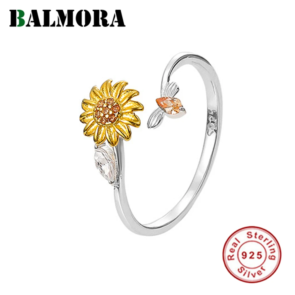 

BALMORA S925 Sterling Silver Cute Little Daisy Bee Rotatable Ring For Women Girl Vintage Fashion Adjustable Anillos Jewelry Gift