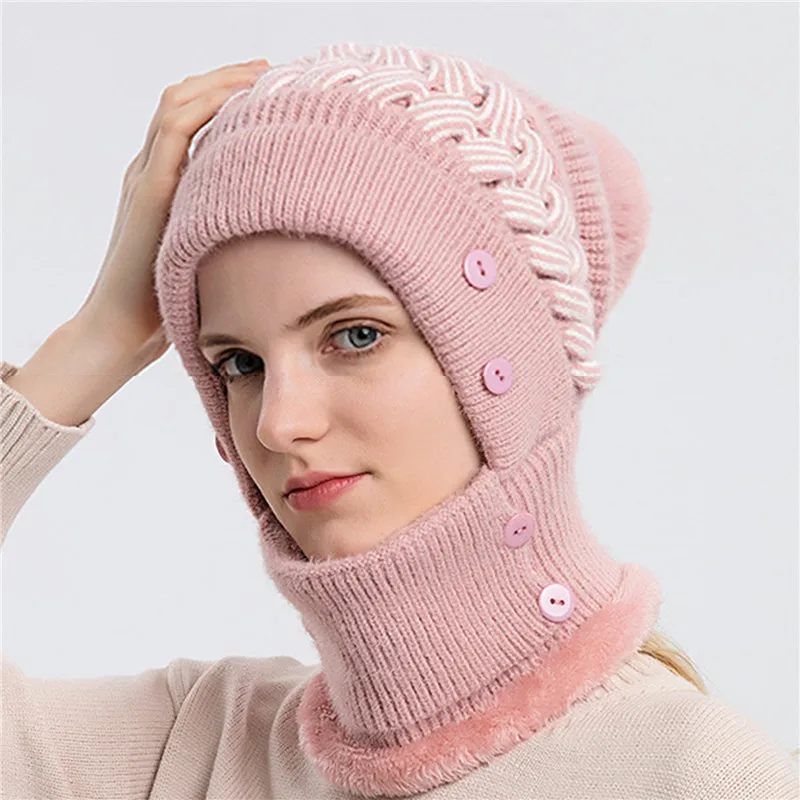 

Winter Hat Women's hat One-Piece Warm Hat Knitted Bib Bubble Hat Thick Wool Hat Cold Hat Hat With Earmuffs Baotou Cap