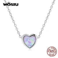 wostu real 925 sterling silver simple style shining opal heart pendant choker necklace for women jewelry gift cqn471