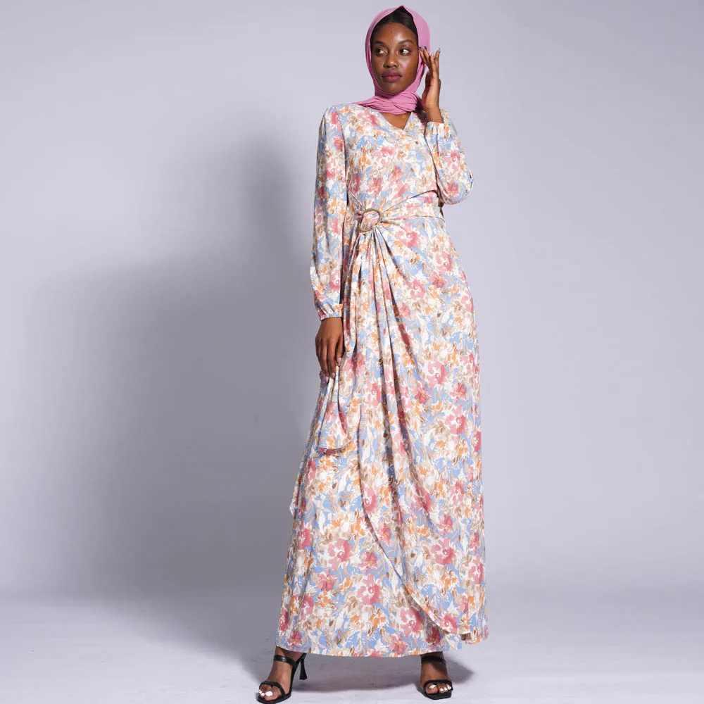 New print dress belt A slim print women's dress Islamic Muslim dress France Abaya noble luxury dress Arab Israel clothing