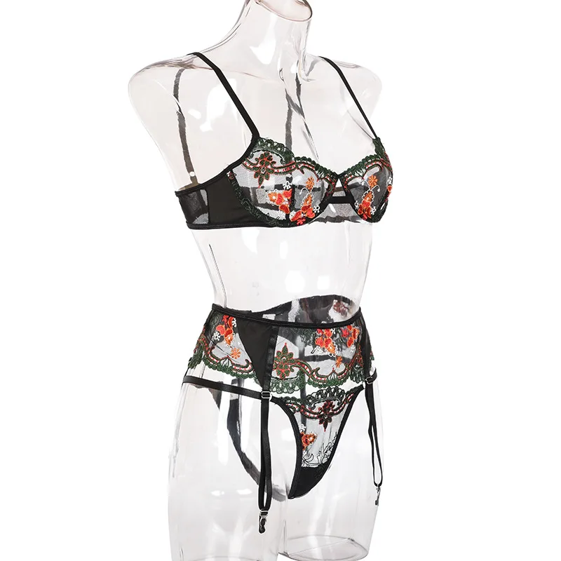 MeiKeDaiNicey 2021 Classic Embroidery Complex Heavy Craft Lace Mesh Underwear Gathered Three Piece Set