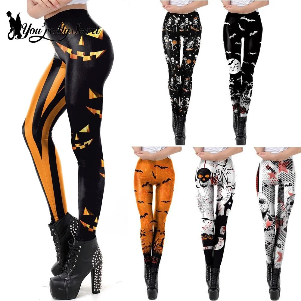 

[You're My Secret]New Arrival Halloween 12% Spandex Pumpkin Skull Digital Print Woman Sexy Stretch Pant Slim High Waist Legging