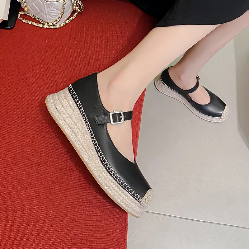 

Heihaian Mary Jane Shoes 2023 Summer New Round Toe Wedge Woven Design Fisherman Shoes Elegant Commuter Single Shoe Women