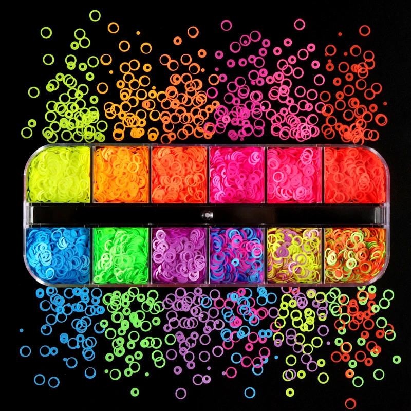 

12 Grids Fluorescence Hollow Circle Sequins Neon Round Nail Art Glitter Flakes 3D DIY Colorful Slice Nail Art Decorations
