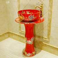 Hand Basin Pillar Type Ceramic Chinese Household Bathroom Modern Integrated Floor Creative Wash Basin red peony pattern
