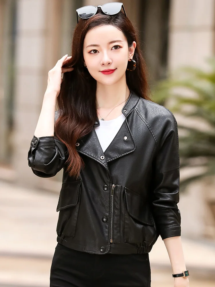 New Women Casual Leather Jacket Spring Autumn 2022 Fashion Stand Collar Zipper Short Sheepskin Coat Loose Moto&Biker Jacket