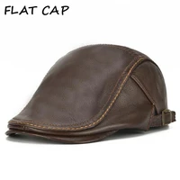 flat cap for men beret genuine leather cowhide peaked caps male winter hat solid real leather duckbill retro gatsby ivy newsboy