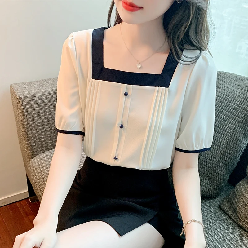 

2022 Summer Season Girls Korean Fashion Shirts For Women White Color Office Lady Chiffon Tops Short Sleeve Square Collar Tees