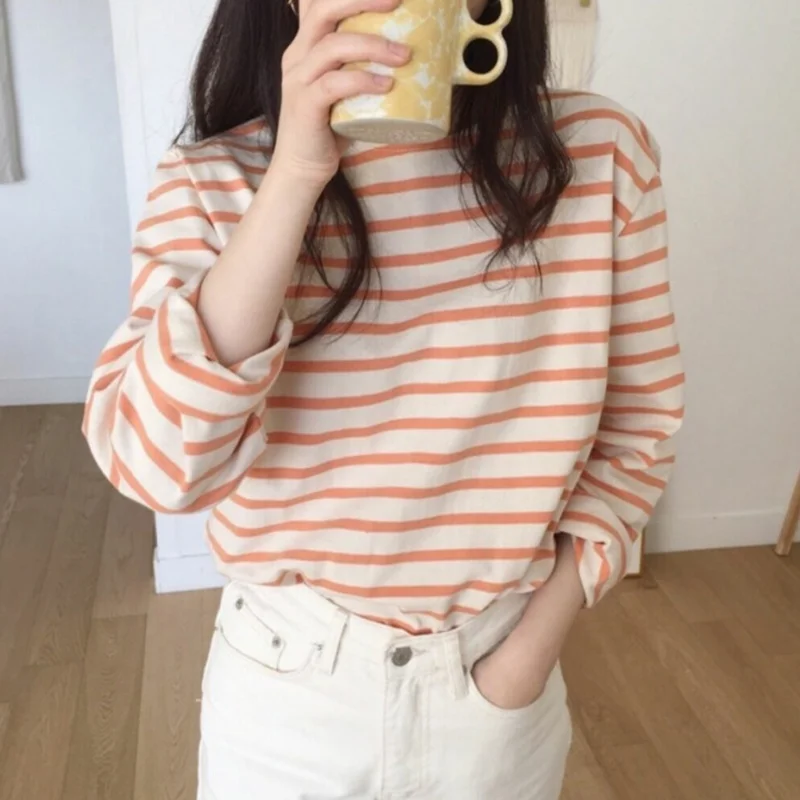 

T Shirt Loose Cotton Striped Tshirt Women Autumn Long Sleeves O-neck Korean All-match Basic Woman Top Femme Tee T-shirts