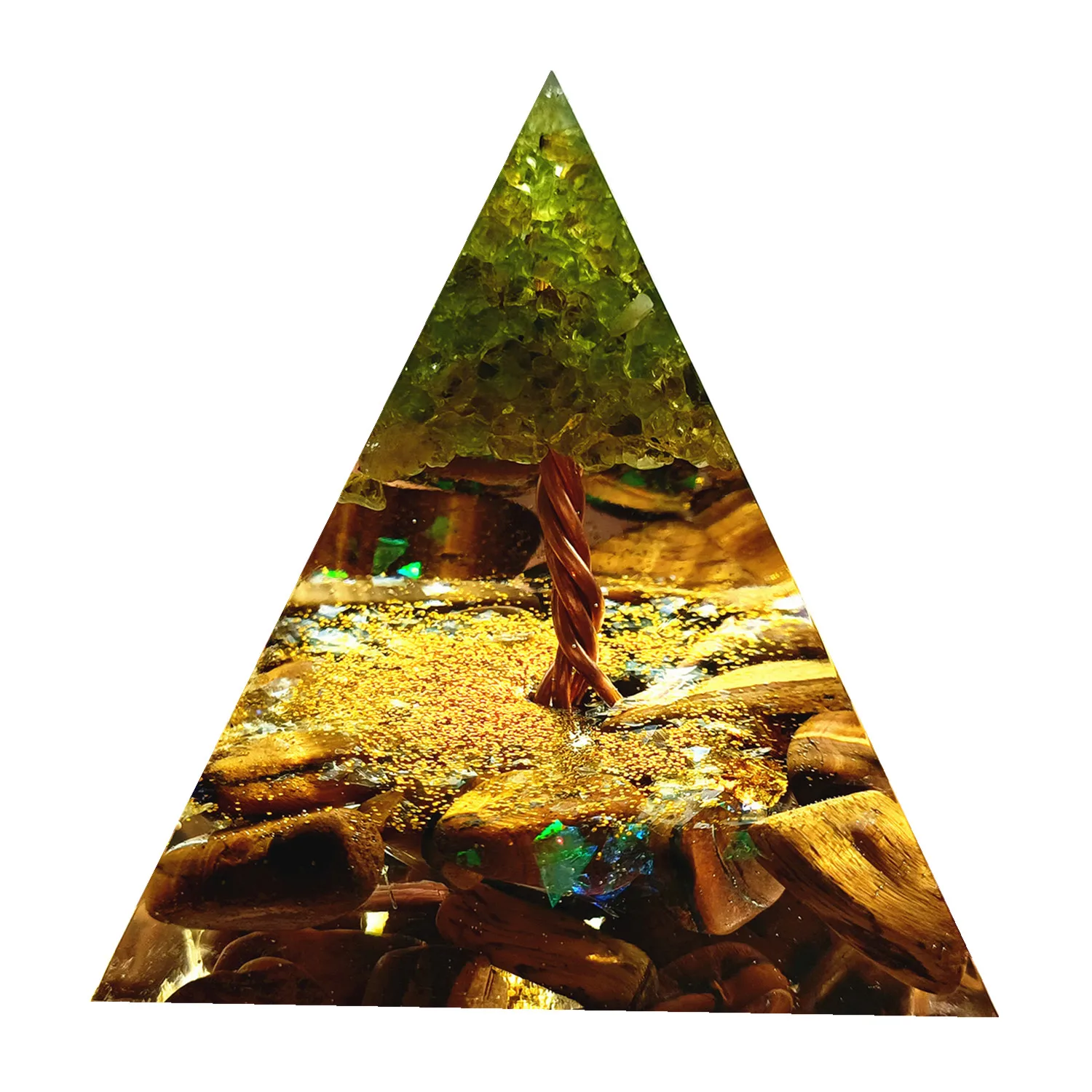 

Handmade Tree of Life Orgonite Pyramid Peridot with Tiger Eye Crystal Stone Healing Energy Orgone Pyramide Collection