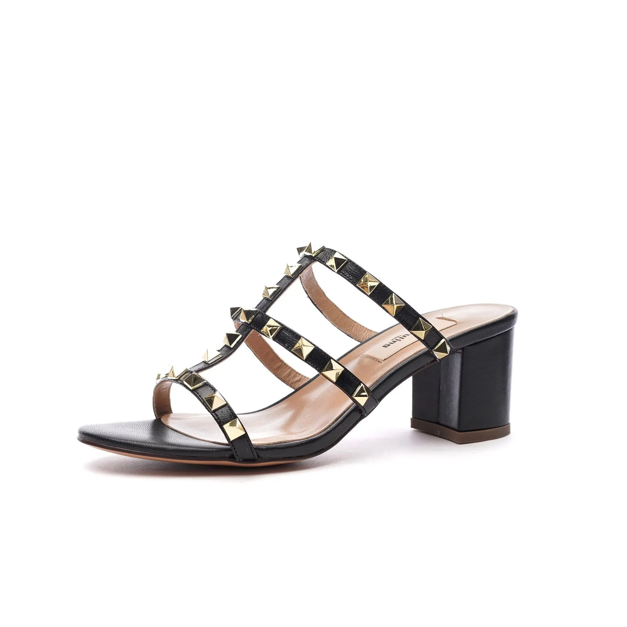 

Women Black Leather Medium Heels Open Back Sandals