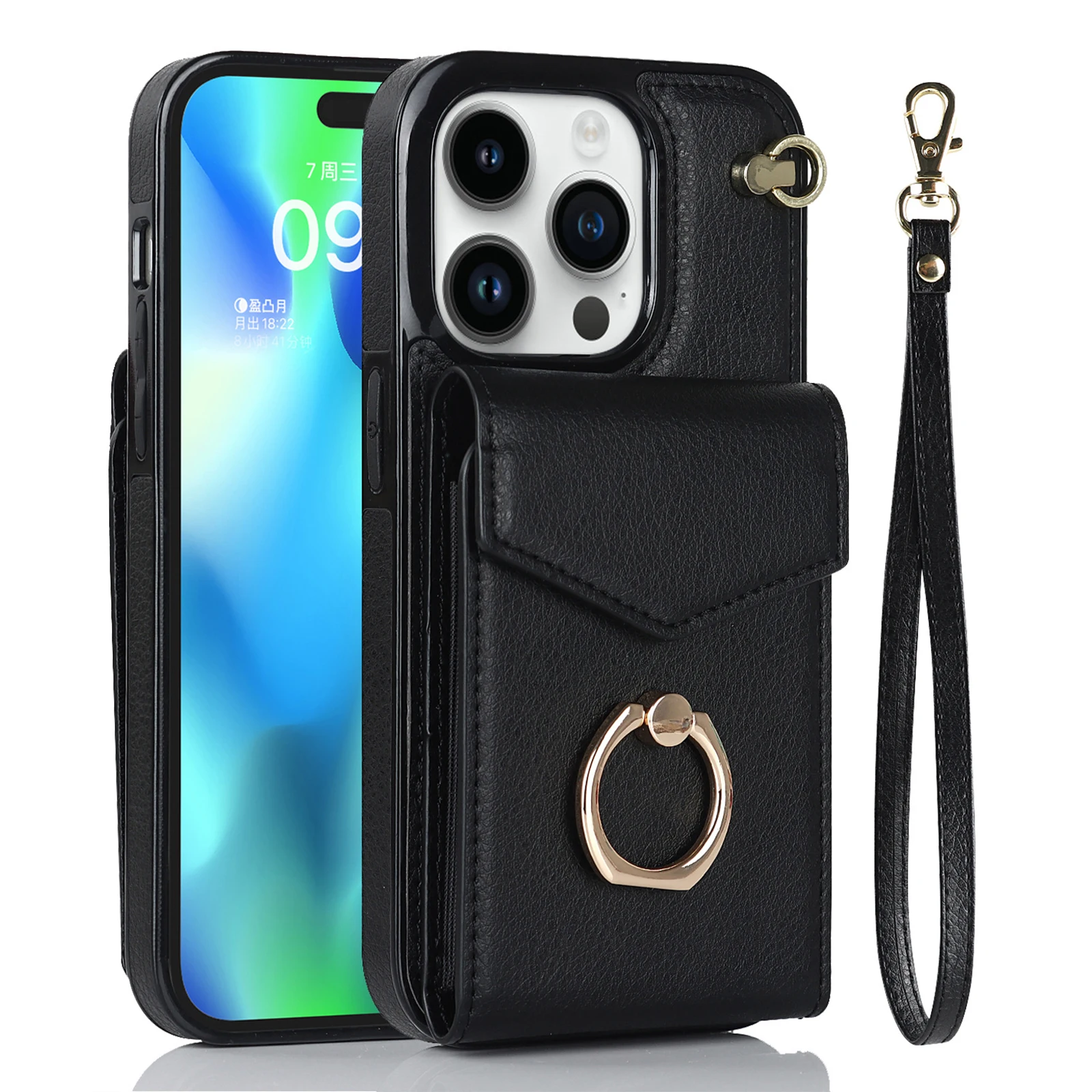 

Lucury Matte Leather Case for iPhone 14 Pro Plus Max with Ring Bracket Card Holder Case with Wrist Lanyard Dustproof Phone Cover