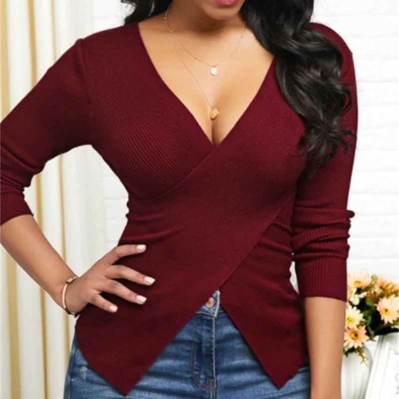 

Korean Woman Clothes Fall Irregular Sexy V-Neck Long Sleeve Pullover Knitted Sweater Women 2022 Winter Sweaters Chic Knitwear