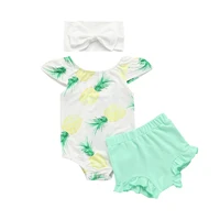 newborn baby girls clothing three piece outfits flying sleeve pineapple printing bodysuit solid color shorts decorative hairband