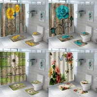 vintage wood board floral shower curtains daisy rose sunflower butterfly flower bathroom sets non slip bath mat rug toilet cover