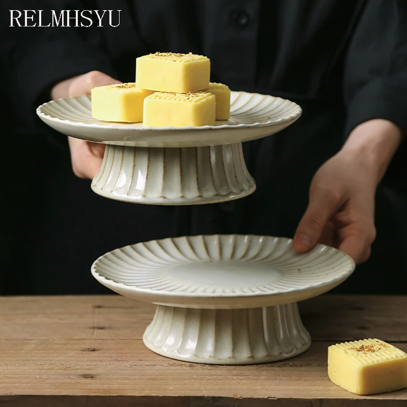 

1PC RELMHSYU European Style Solid Color Distressed Stoneware CoffeeTable Dried Fruit Dessert Snack Dinner Plate Tray Tableware