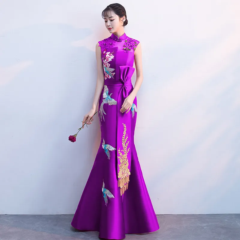 Elegant Mermaid Formal Party Dress Chinese Style Satin Celebrity Banquet Qipao Cheongsam Embroidery Applique Vestidos