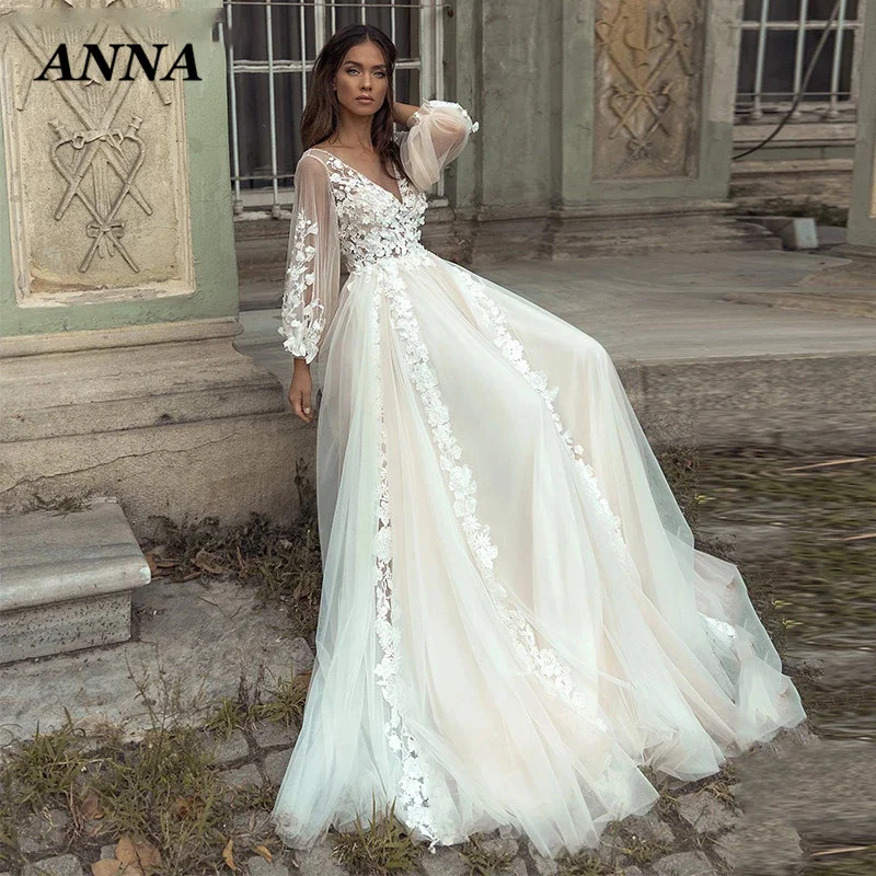 

Женское свадебное платье с открытой спиной Anna, белое пляжное платье невесты с V-образным вырезом и длинными рукавами, простая аппликация, 2022