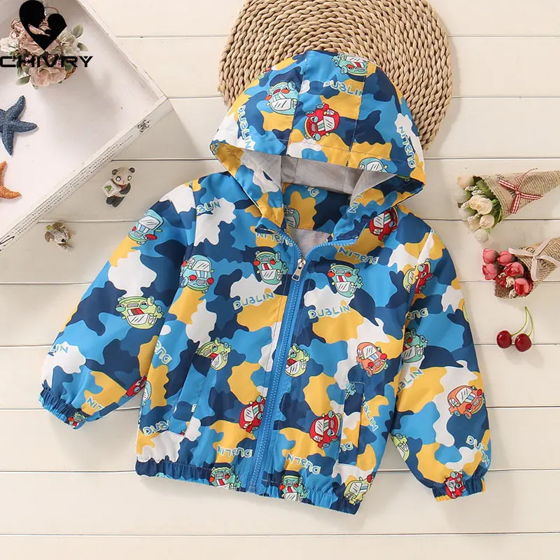 

New Spring Autumn Kids Coat Jacket Boys Girls Fashion Cartoon Camouflage Hooded Zipper Jackets Windbreaker Outerwear Clothing