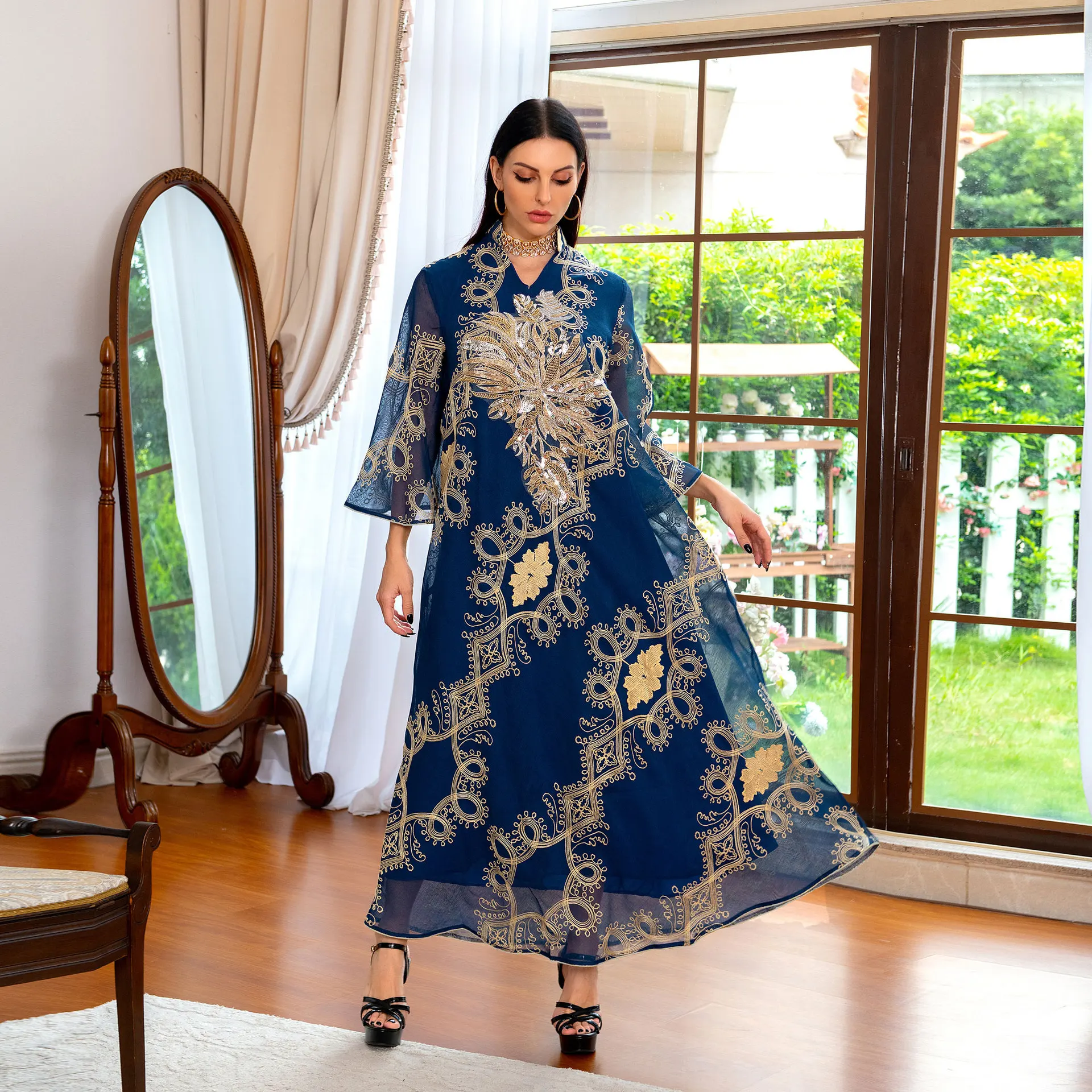 

Oversized Muslim Dresses for Women Vintage Ethnic Sequins Maxi Long Dress Party Elegant Ladies V-Neck Long Sleeve Casual Dress