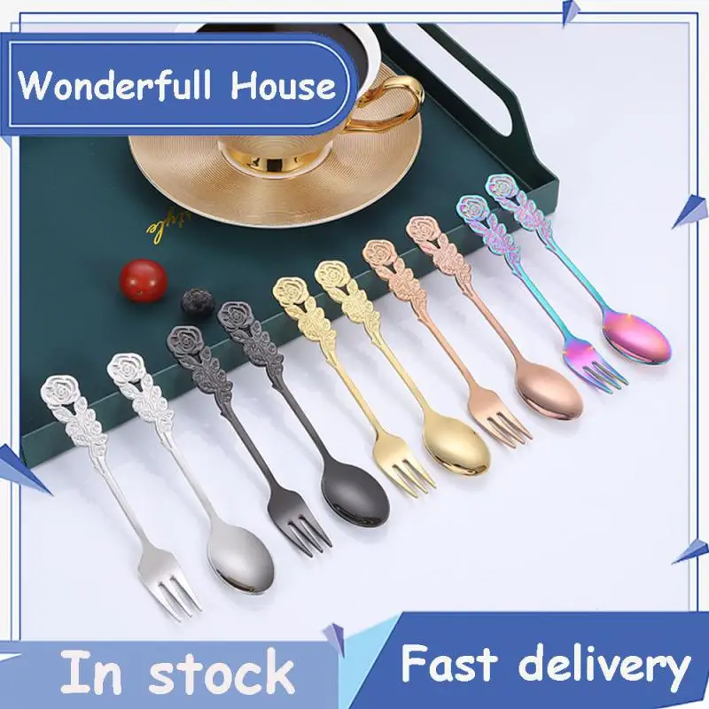 

Dessert Spoon Mixing Spoon Mirror Polishing Stainless Steel Fork Spoon Rose Handle Fruit Fork Fork