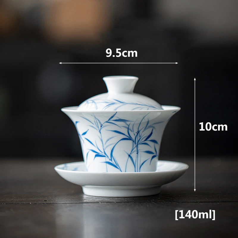 Ручная роспись голубой бамбук Gaiwan с крышкой и чайным подносом белая фарфоровая