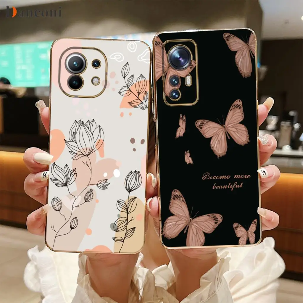 

Abstract Plant Square Plating Silicone Phone Case On For Xiaomi 11 Lite 12 10 9 11 10 Tpro 10S 11 Pro 13 13Pro 12Tpro Cover