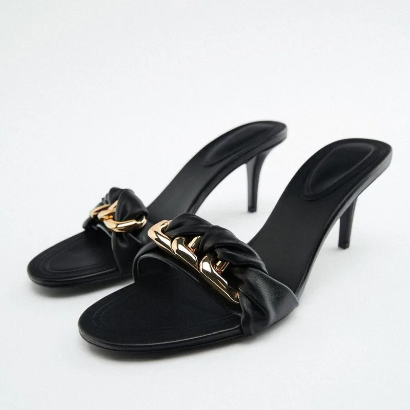 

ZA New Summer Black Chain Trim High Heel Sandal Woman 2022 Comfortable Outdoor Heeled Sandals Ladies Casual Slingback Pumps
