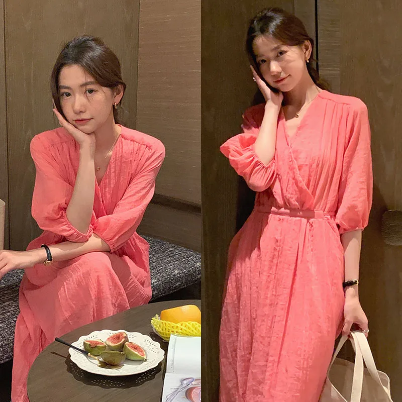 

Clothland Women Sweet Elegant Wrap Vestido Cross V Neck Three Quarter Sleeve One Piece Summer Chic Vestidos Midi LA483