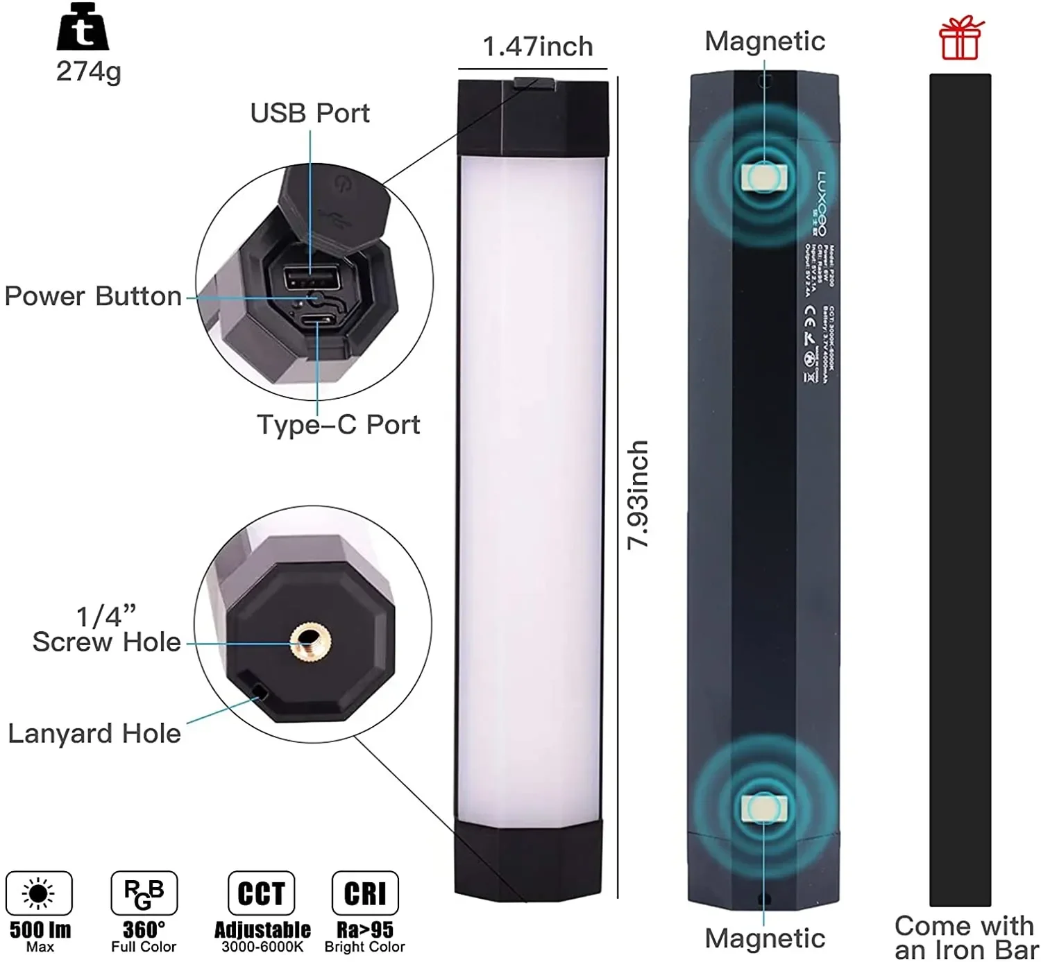 Фото Светодиодный видеосвет LUXCEO P200 IP67 с защитой от дождя, RGB-подсветкой, встроенным аккумулятором и магнитом, управлением через приложение, для студийной фото- и видеосъемки. №3