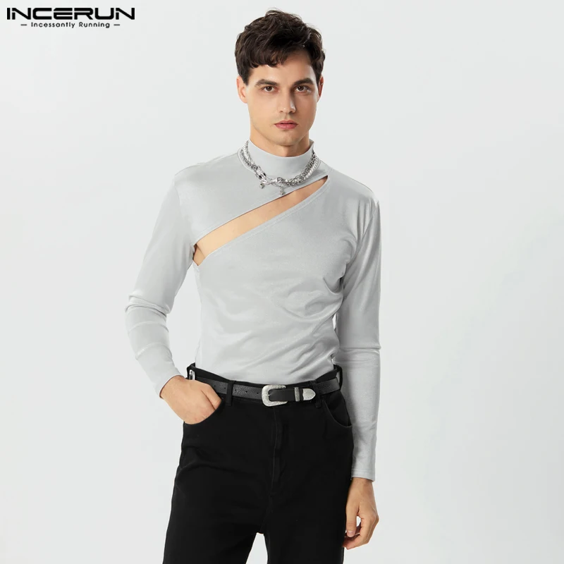 

INCERUN Men T Shirt Solid Turtleneck Long Sleeve Hollow Out Men Clothing Streetwear Sexy 2023 Fashion Casual Camisetas S-5XL
