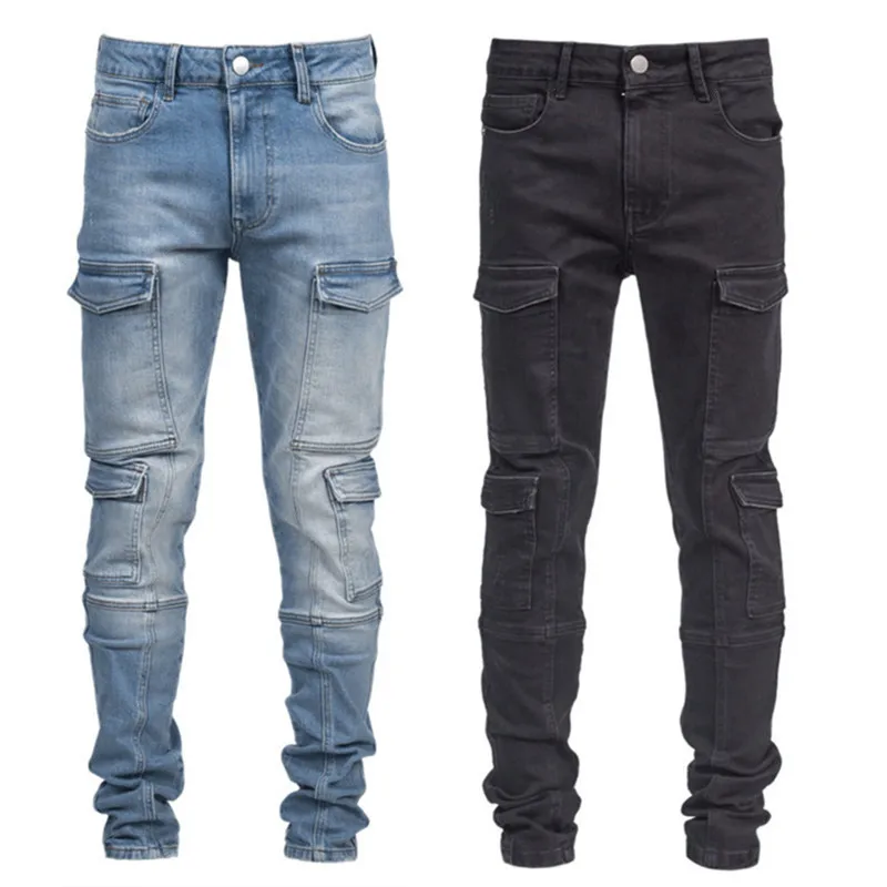 2022 New Multi-pocket Mens Jeans Slim Feet Stretch Fashion Streewtwear Men Full Length Black Jeans Casual Trousers Denim Pants
