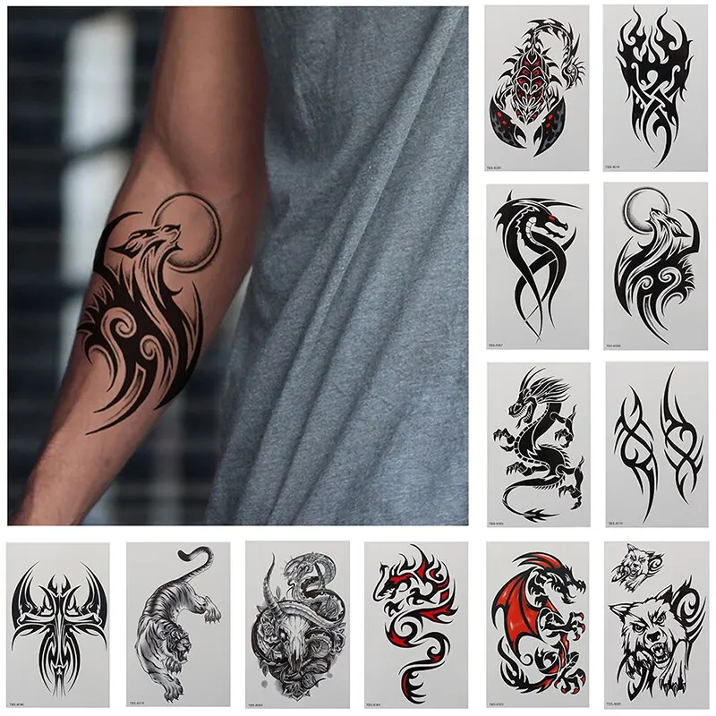 

1PC Waterproof Temporary Tattoo Sticker Dragon Wing Cross Flash Tatto Wolf Scorpion Totem Body Art Arm Water Transfer Fake Tatoo