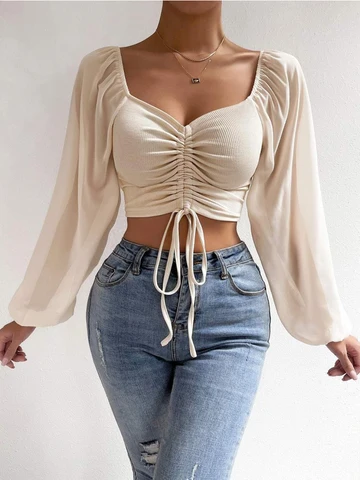 Mesh Lantern Sleeves Skinny Fashion Women Blouses Casual V-Neck Office Commuter Shirts Pit Stitched Chiffon Drawstring Navel Top