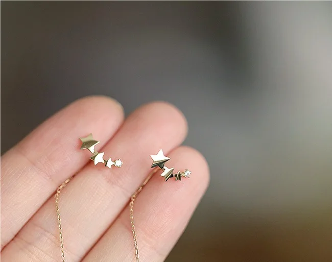 New RoseL Sky shining star 925 sterling silver 14K gold gradient 3 stars pentagram zircon super beautiful meteor earrings