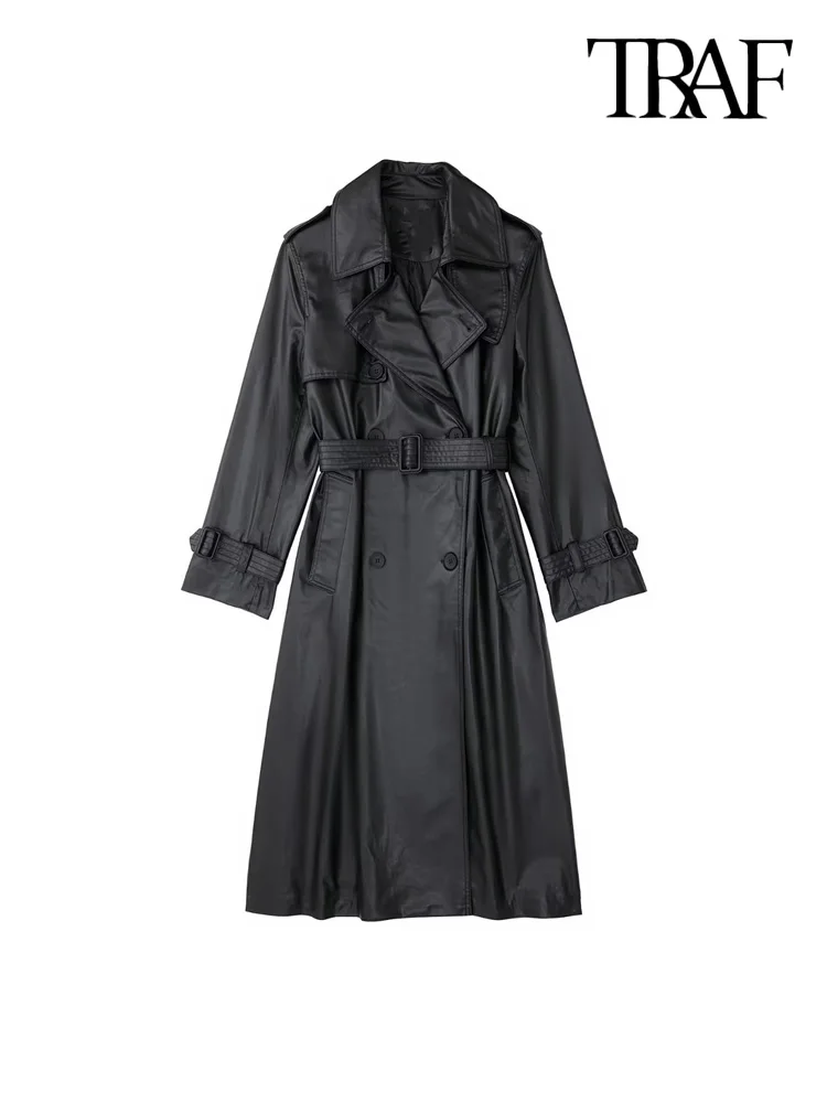 TRAF Women Fashion With Belt Faux Leather Longline Trench Coat Vintage Long Sleeve Pockets Female Outerwear Chic Overcoat