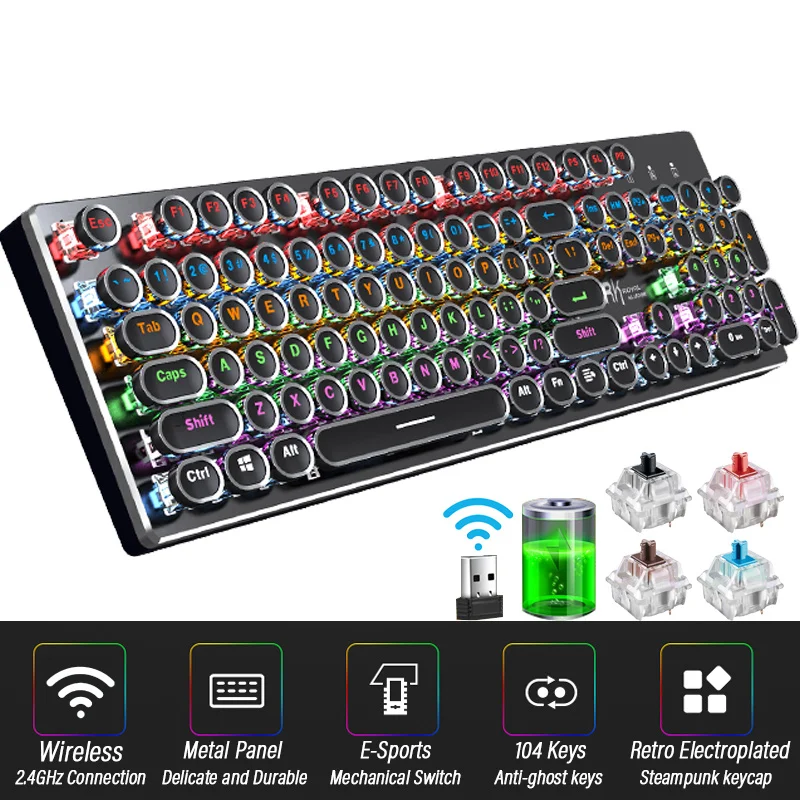 

Wireless Retro Punk Mechanical Keyboard English Layout 104-Keys Backlit Anti-Ghosting Gaming Blue/Black/Tawny Switch
