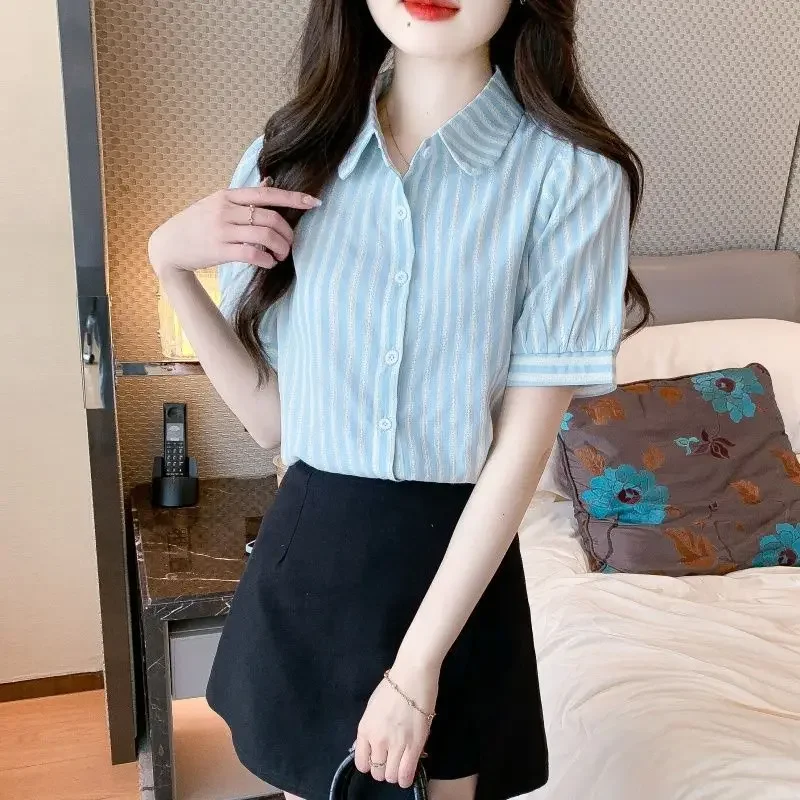 Модная полосатая рубашка женская с пышными рукавами лето 2024 новый свободный топ