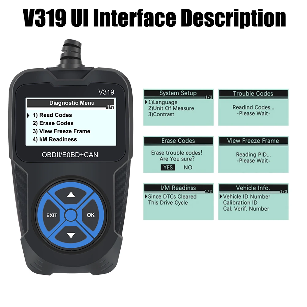 Фото Считыватель кодов OBD2, цифровой дисплей, сканер OBD 2, универсальные автомобильные аксессуары, диагностический инструмент двигателя V319, инструменты для диагностики автомобиля №4