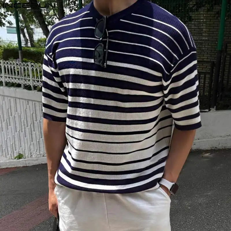 INCERUN 2024 Модные мужские градиентные полосатые трикотажные футболки в Корейском