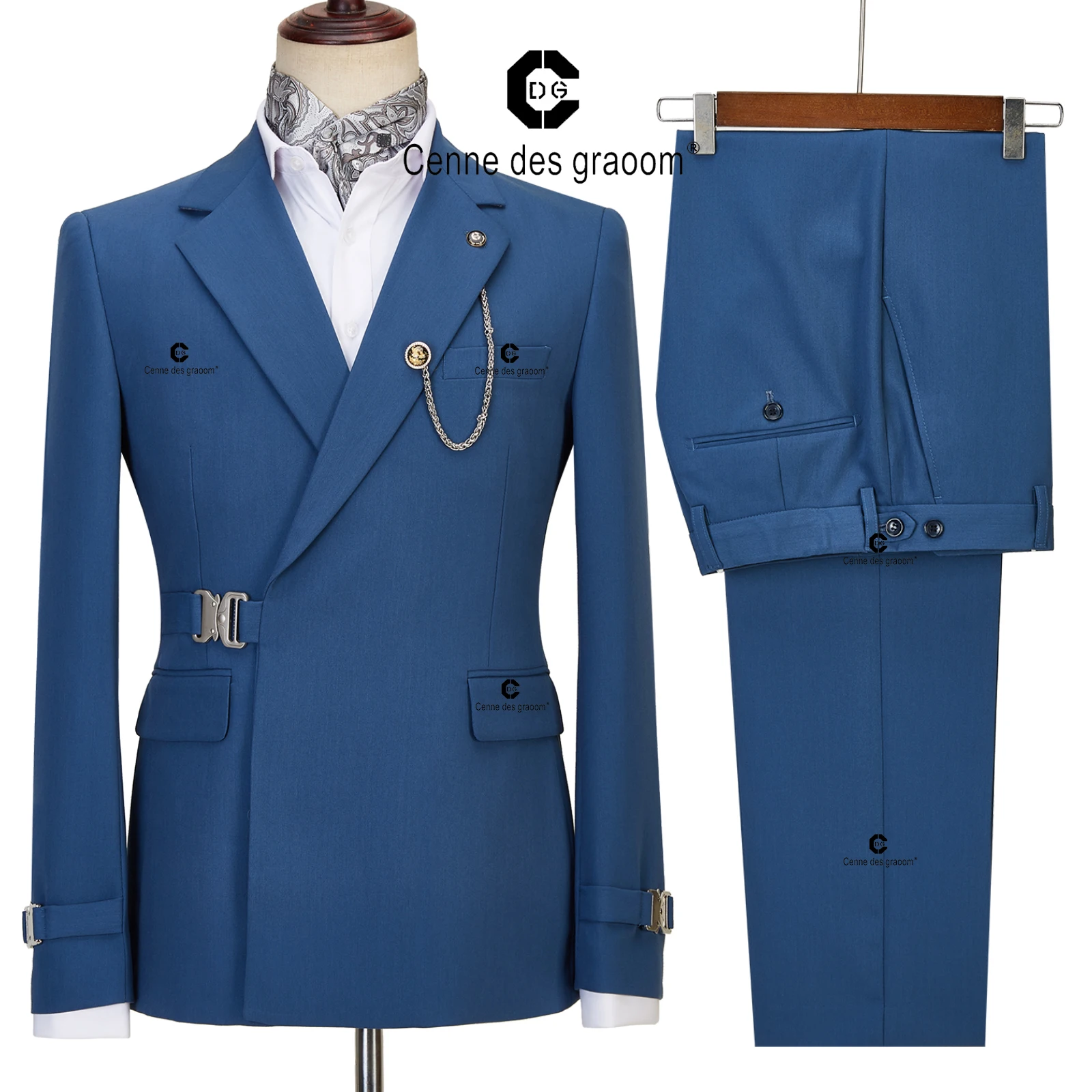 Cenne Des Graoom 2022 New Men Suits Blue Jacket Trousers 2 Pieces Set Metal Side Release Buckle Elegant Wedding Evening Dress