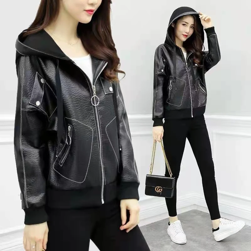 Winter Autumn  PU Leather Short Hooded Leather Jacket Women's Short Hooded Plush Locomotive Loose Casual Fashion Black Coat