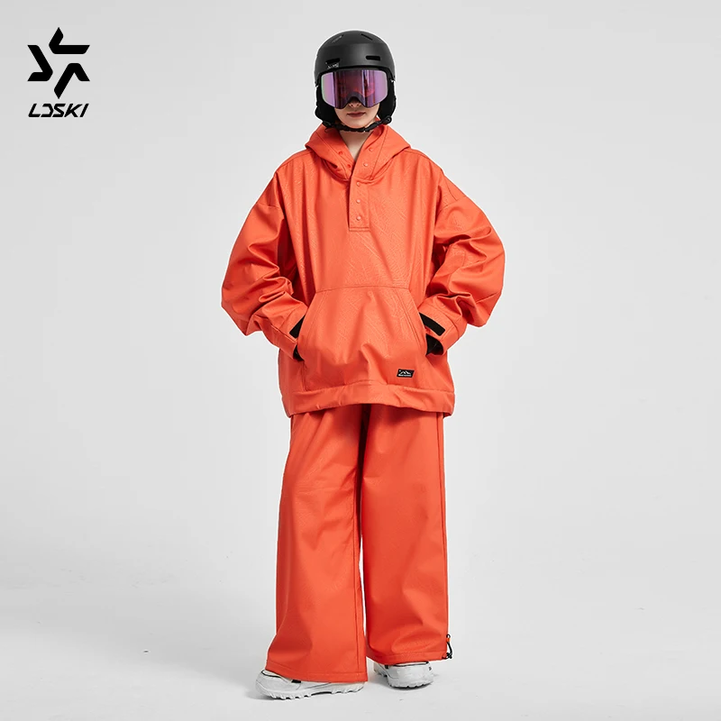 

LDSKI New Ski Suit Hoodie Pant 3L Leather Texture 10K Waterproof Warm Fleece Softshell Windproof Snowboarding Clothing Women Men