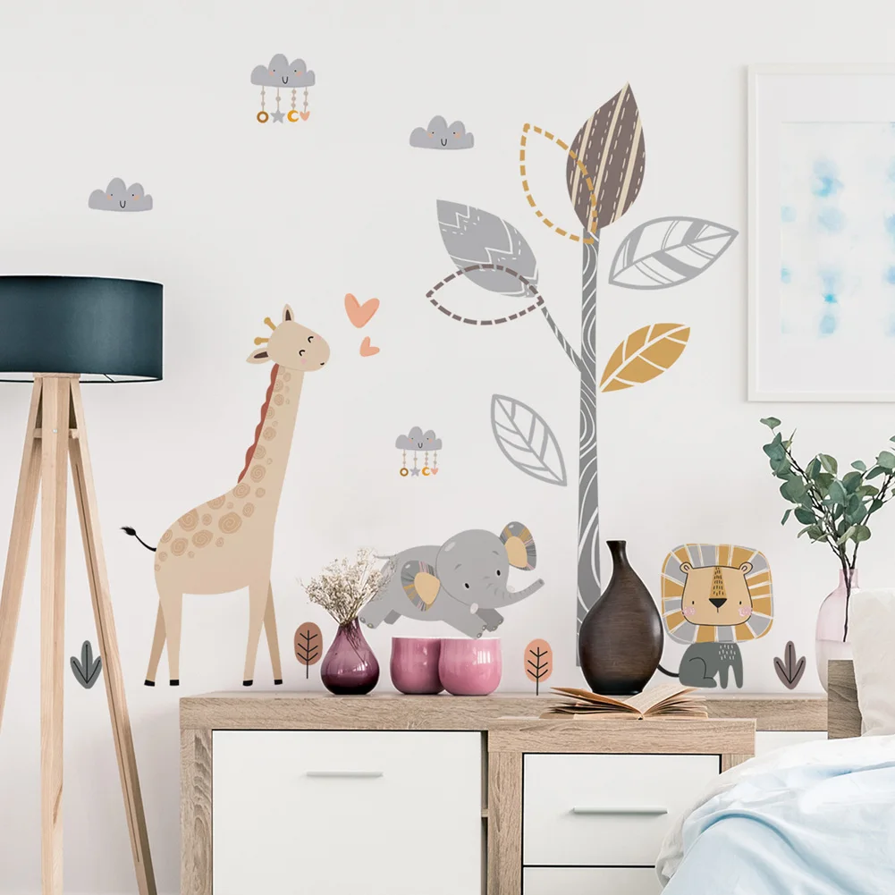 

Cute Cartoon Baby Elephant Lion Giraffe Home Decor Wall Sticker for Kids Room Bedroom Decoration Mural Cute Animal Wallpaper