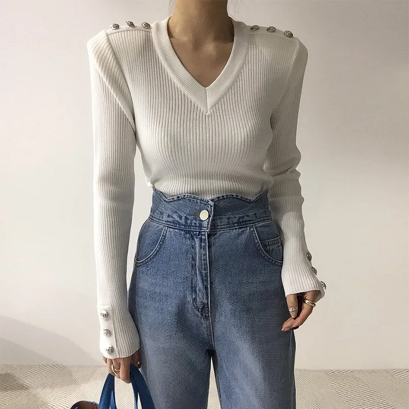 

Croysier Winter Clothes Women Elegant Office Epaulet Button Ribbed Knitted Sweater V Neck Long Sleeve Solid Pullover Jumper Top