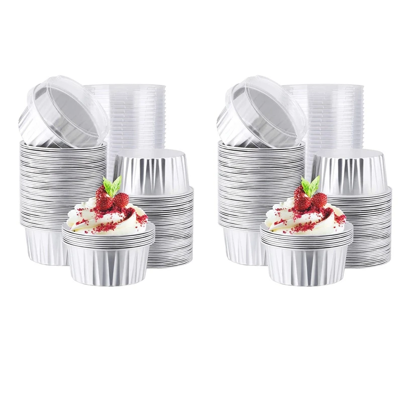 

200X Foil Ramekins With Lids,Aluminum Foil Cupcake Liners,Muffin Liners Cups,Cupcake Baking Cups Holders Silver