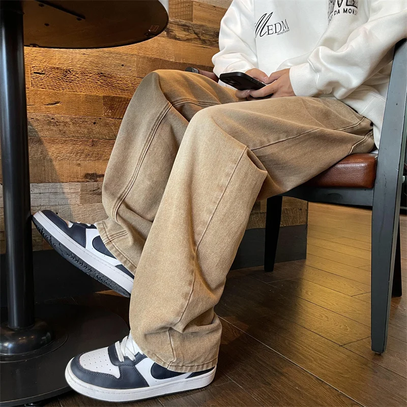Brown White Black Baggy Jeans Men Fashion Retro Casual Straight Jeans Men Streetwear Korean Loose Denim Pants Mens Trousers