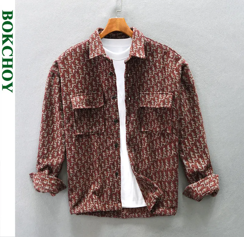 

2022 Autumn Winter New Men's Loose Off-shoulder Woolen Houndstooth Shirt Multi-pocket Fine Jujube Red Navy Blue Top AZ201
