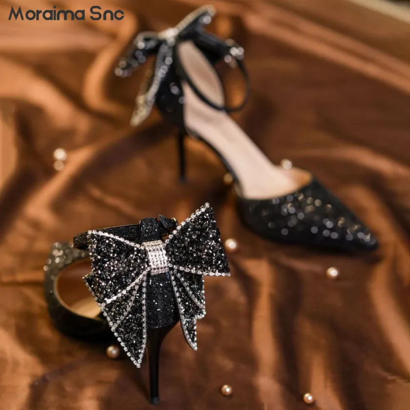 Sequin Butterfly Wedding Shoes Fashion Banquet Pointed Toe Stiletto High Heel Buckle Belt Baotou Pumps Greeter Temperament Shoes